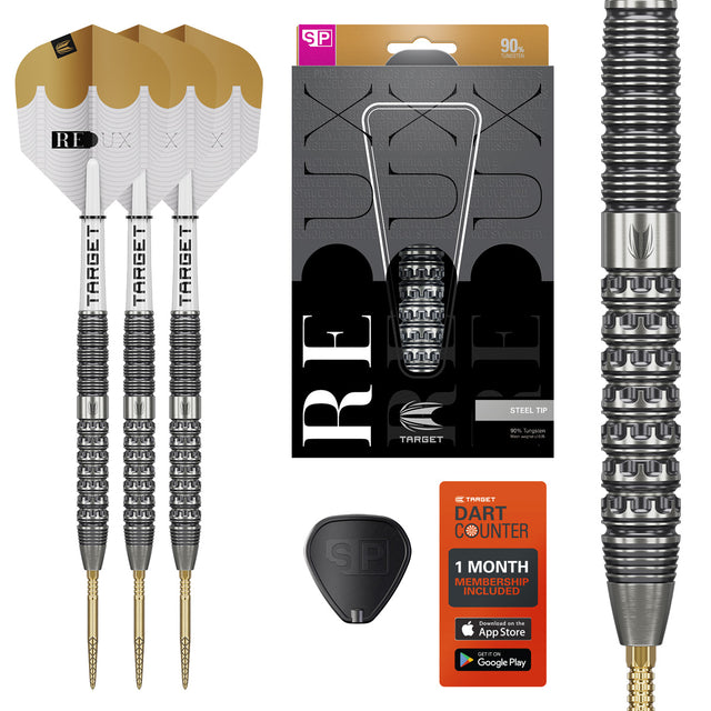 Target Redux 01 SP Steel Tip Darts main product image showing the darts, packaging, flights, shafts, and included accessories