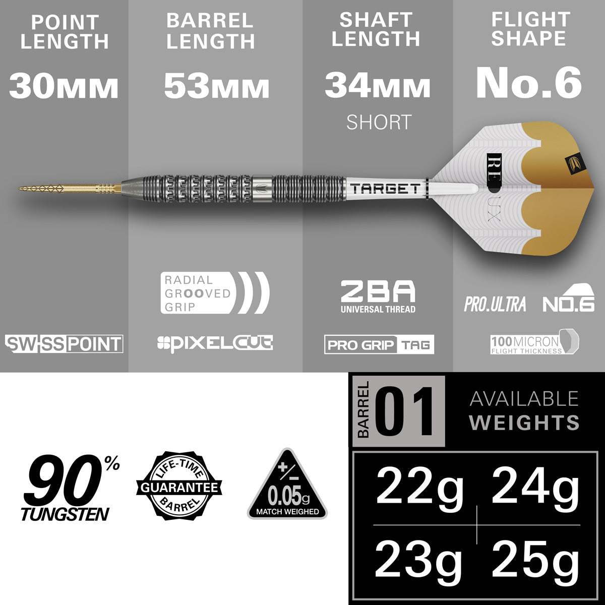 Target Redux 01 Steel Tip Darts specifications image showing barrel dimensions, weight, and technical details