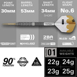 Target Redux 01 Steel Tip Darts specifications image showing barrel dimensions, weight, and technical details