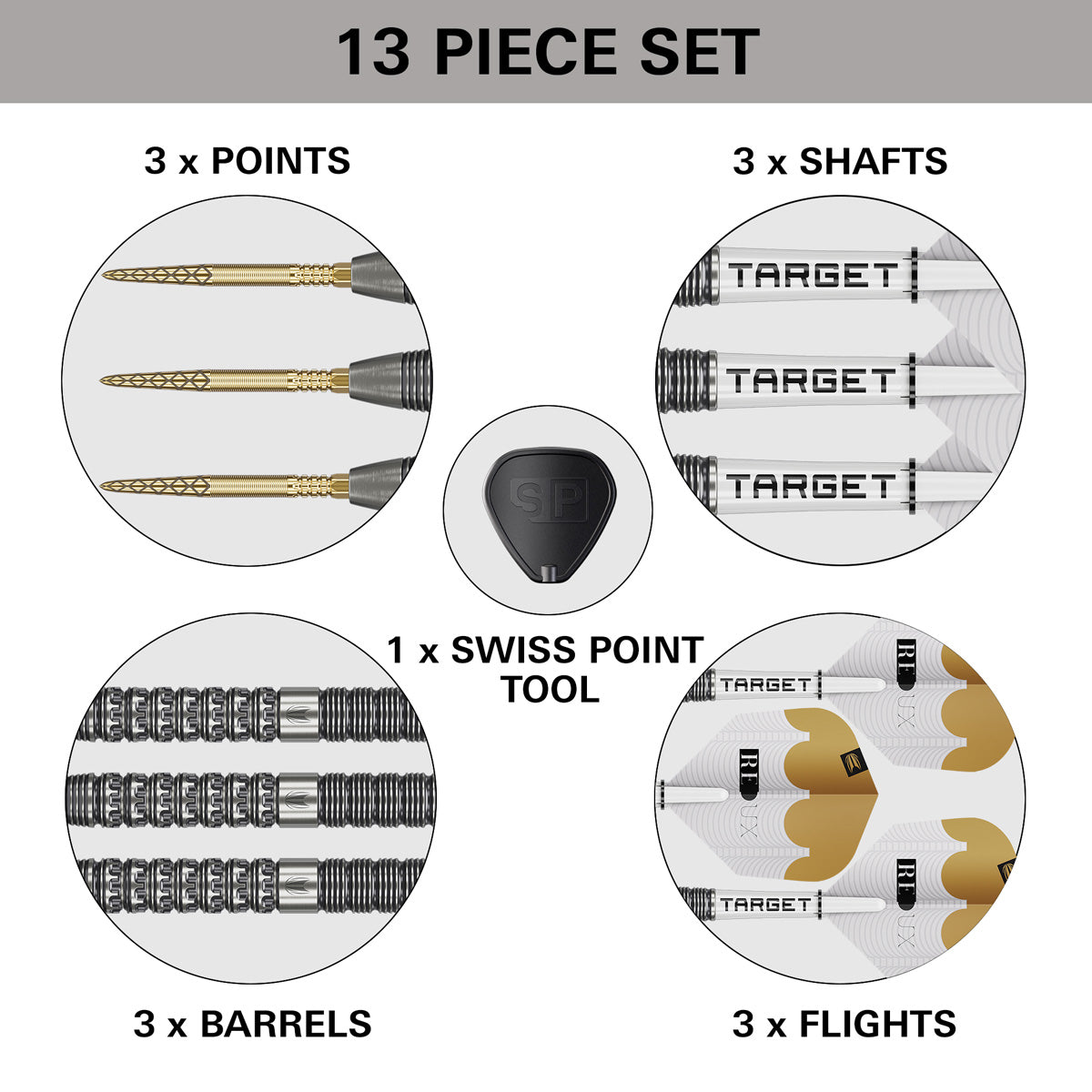 Target Redux 01 Steel Tip Darts contents image displaying everything included inside the box