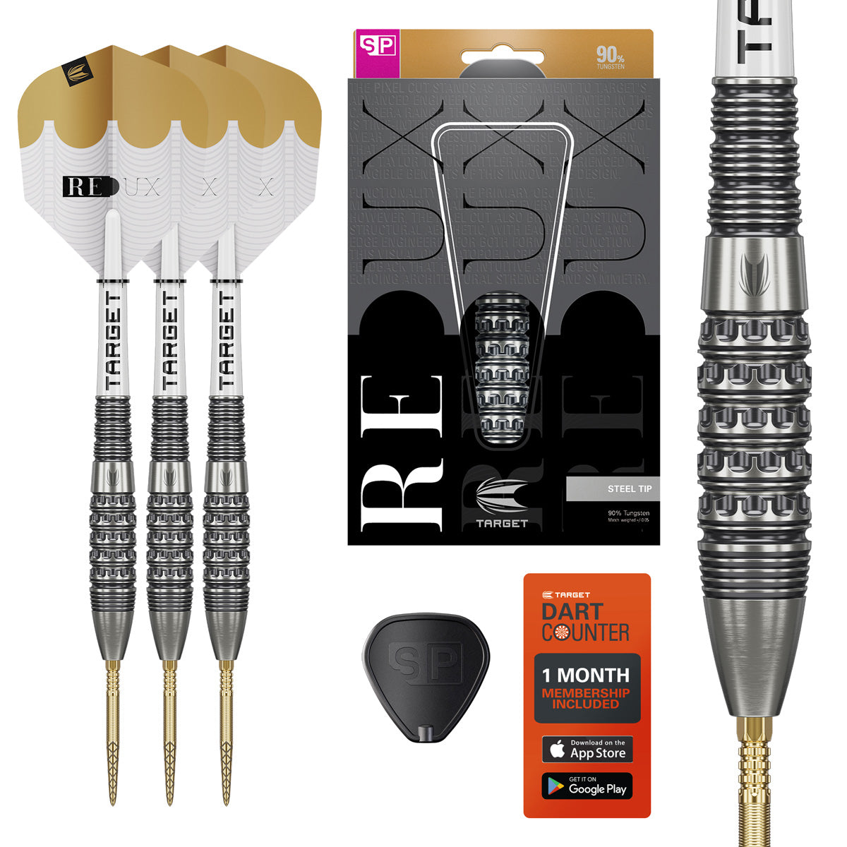 Target Redux 02 SP Steel Tip Darts main product image showing the darts, packaging, flights, shafts, and included accessories
