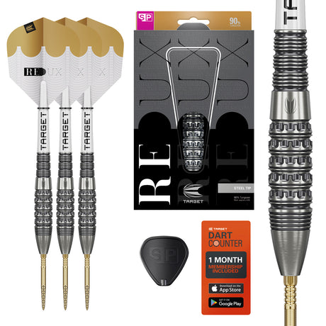 Target Redux 02 SP Steel Tip Darts main product image showing the darts, packaging, flights, shafts, and included accessories