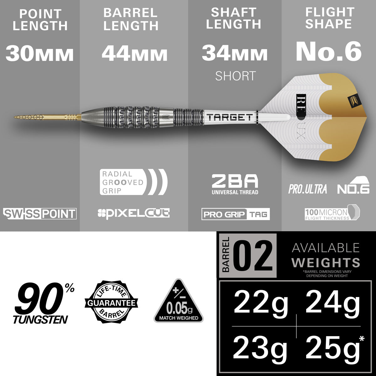 Target Redux 02 Steel Tip Darts specifications image showing barrel dimensions, weight, and technical details