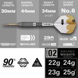 Target Redux 02 Steel Tip Darts specifications image showing barrel dimensions, weight, and technical details