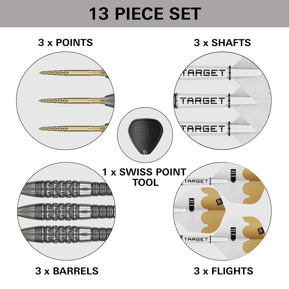 Target Redux 02 Steel Tip Darts contents image displaying everything included inside the box