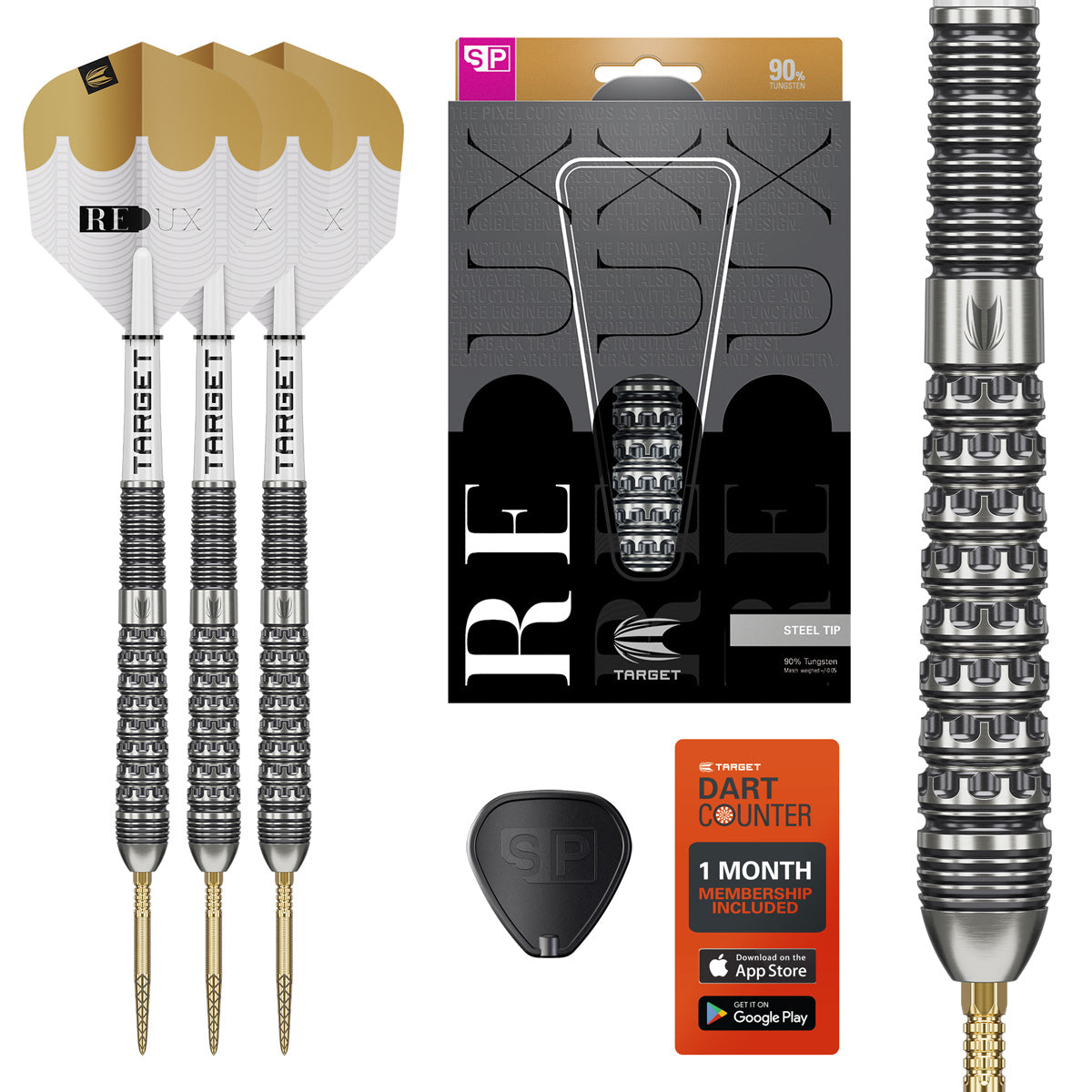 Target Redux 03 SP Steel Tip Darts main product image showing the darts, packaging, flights, shafts, and included accessories