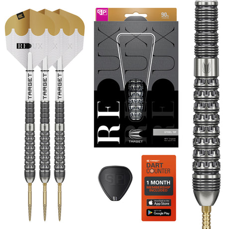 Target Redux 03 SP Steel Tip Darts main product image showing the darts, packaging, flights, shafts, and included accessories