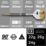 Target Redux 03 Steel Tip Darts specifications image showing barrel dimensions, weight, and technical details