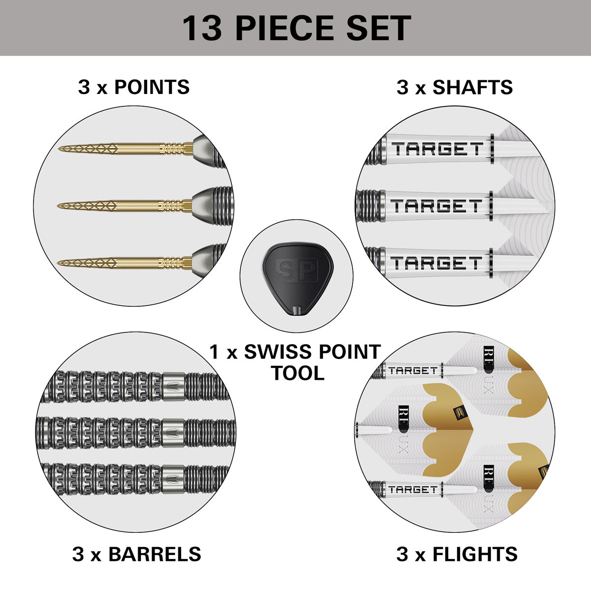 Target Redux 03 Steel Tip Darts contents image displaying everything included inside the box