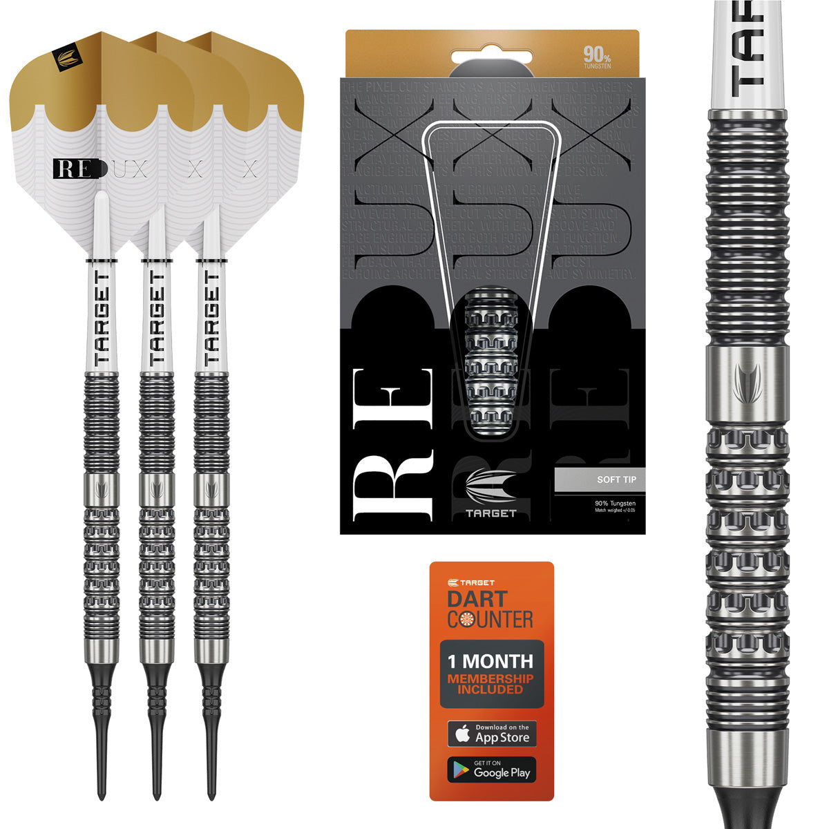 Redux 10 Soft Tip Darts main product image showing the darts, packaging, flights, shafts, and included accessories