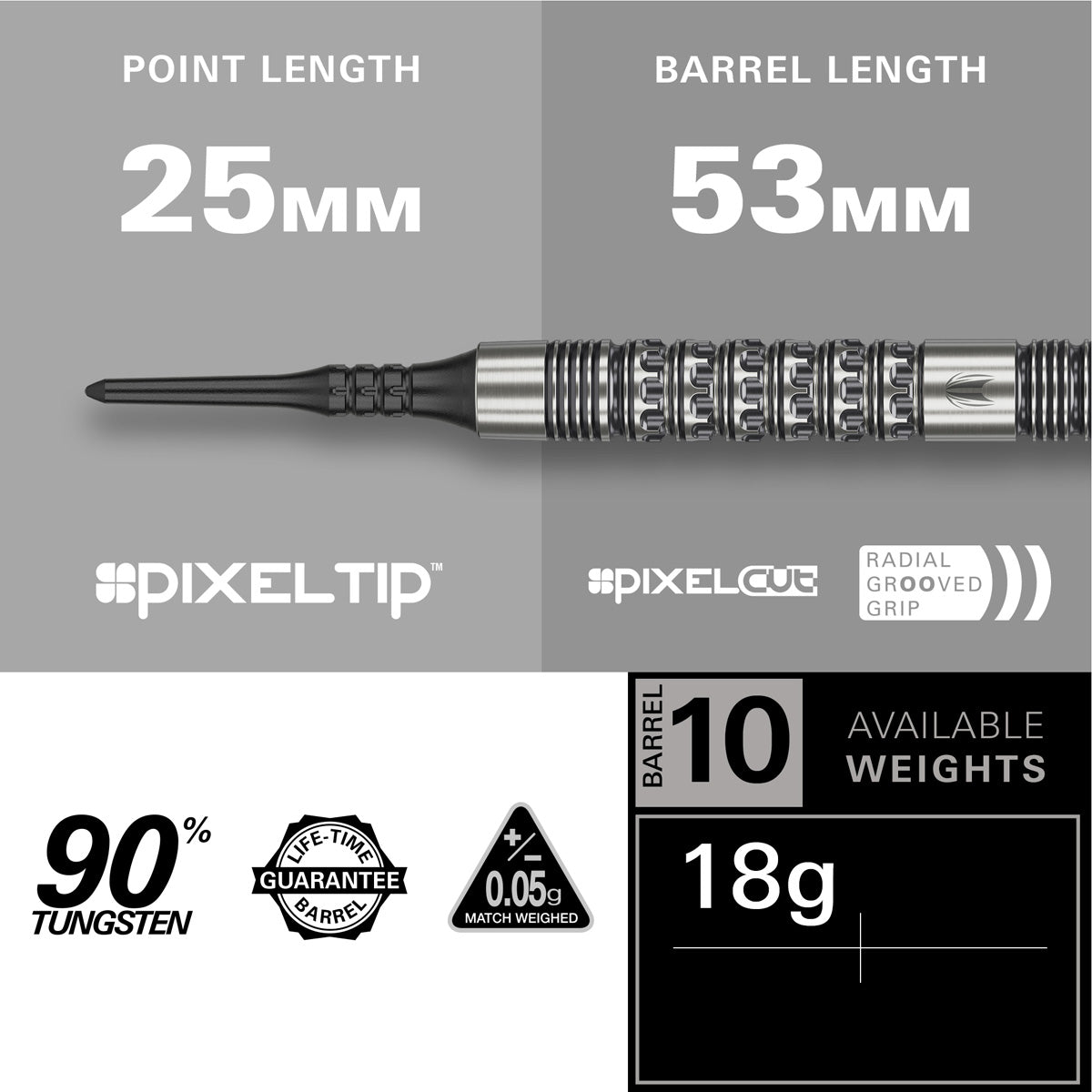 Redux 10 Soft Tip Darts specifications image showing barrel dimensions, weight, and technical details