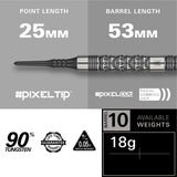 Redux 10 Soft Tip Darts specifications image showing barrel dimensions, weight, and technical details