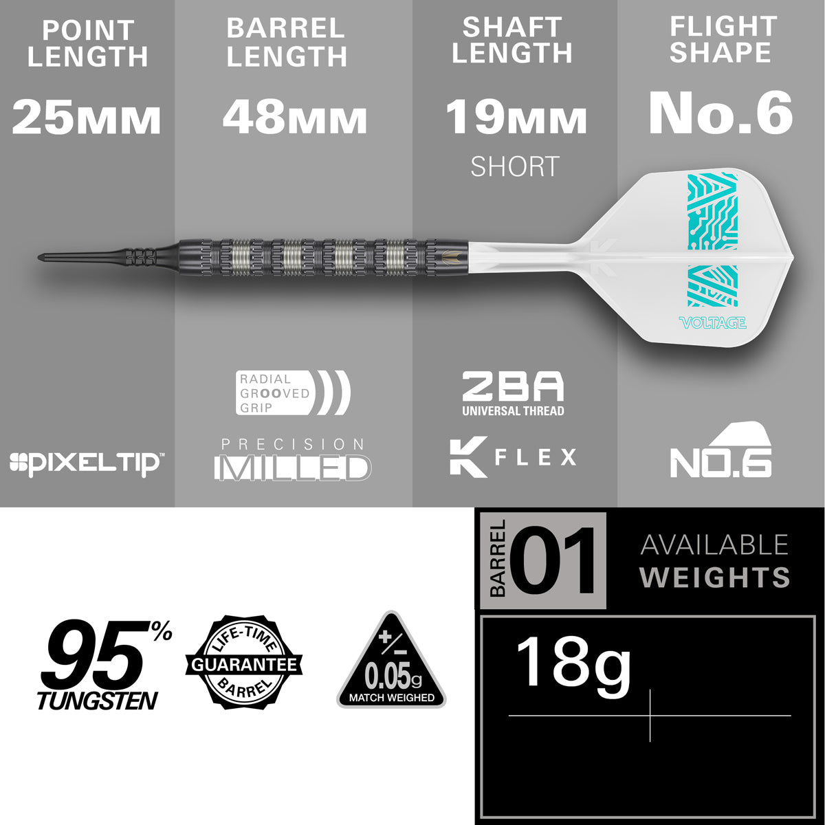 Rob Cross 95K Soft Tip Darts specifications image showing barrel dimensions, weight, and technical details