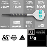 Rob Cross 95K Soft Tip Darts specifications image showing barrel dimensions, weight, and technical details