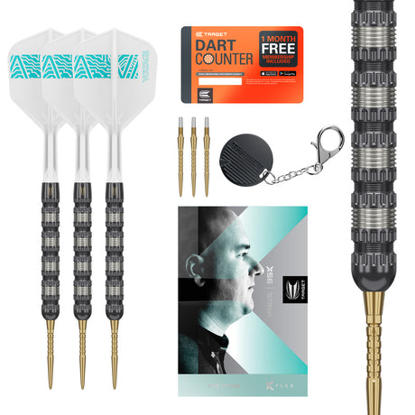 Rob Cross 95K SP Steel Tip Darts main product image showing the darts, packaging, flights, shafts, and included accessories
