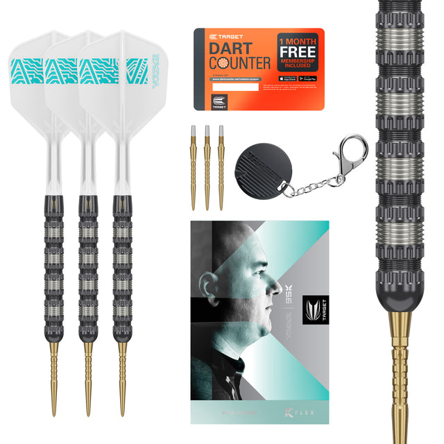 Rob Cross 95K SP Steel Tip Darts main product image showing the darts, packaging, flights, shafts, and included accessories