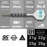 Rob Cross 95K Steel Tip Darts specifications image showing barrel dimensions, weight, and technical details
