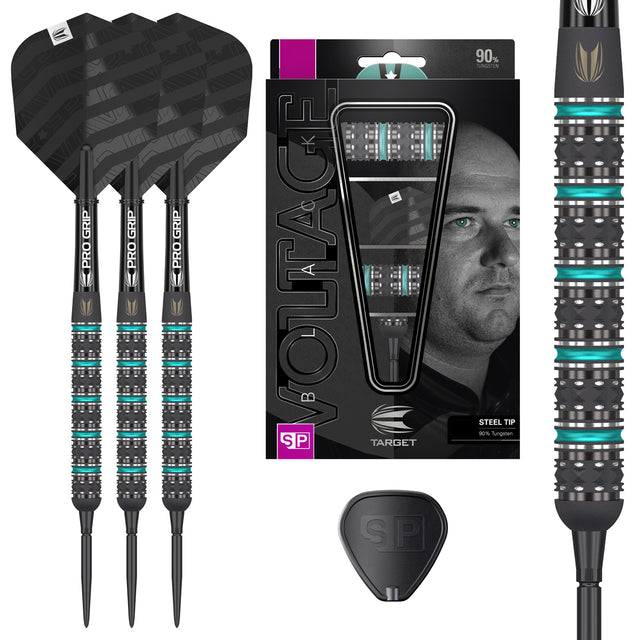 Rob Cross Black Edition Swiss Steel Tip Darts main product image showing the darts, packaging, flights, shafts, and included accessories