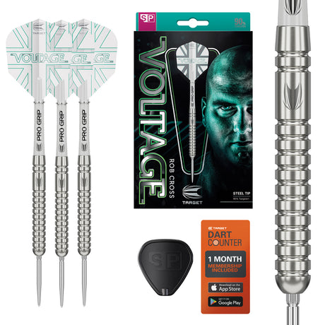 Rob Cross G1 SP Steel Tip Darts main product image showing the darts, packaging, flights, shafts, and included accessories