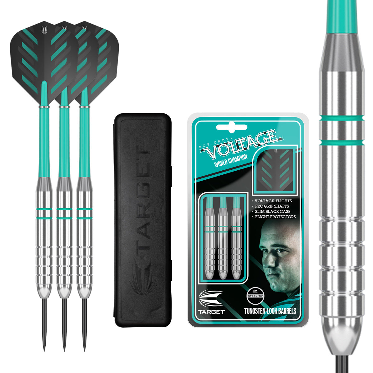 Rob Cross Steel Tip Darts main product image showing the darts, packaging, flights, shafts, and included accessories