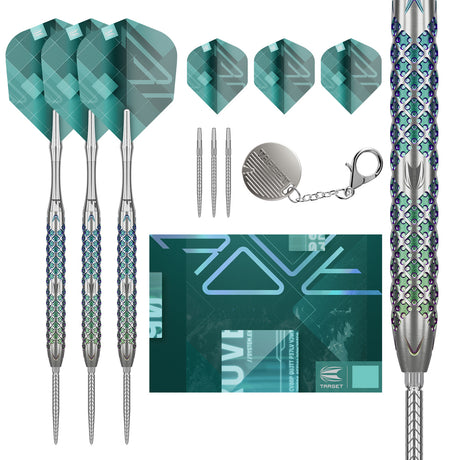 Rove 01 SP Steel Tip Darts main product image showing the darts, packaging, flights, shafts, and included accessories