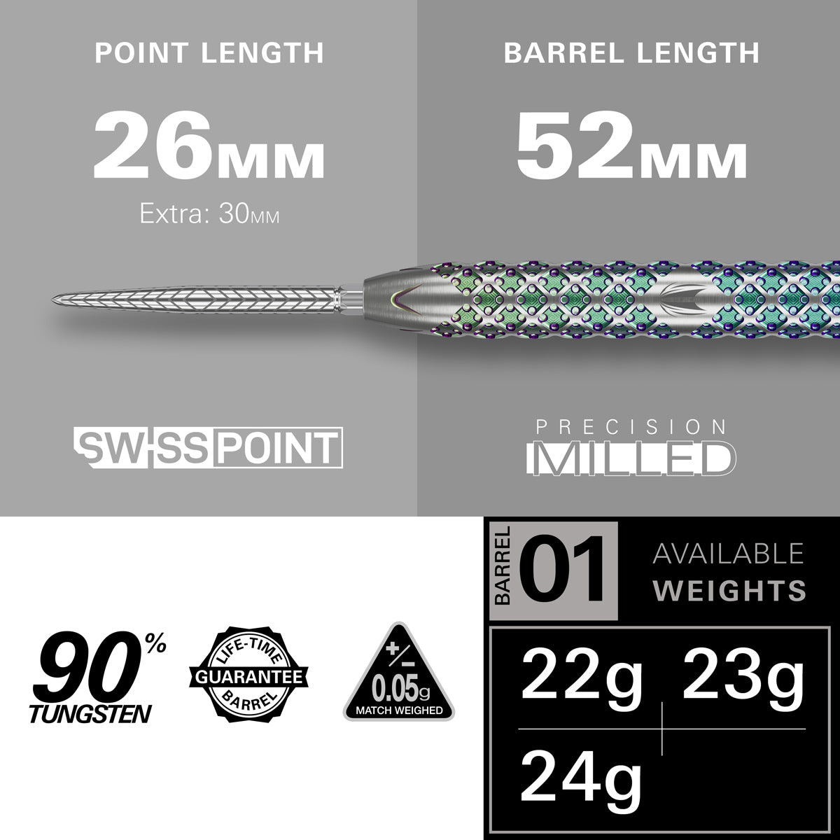 Rove 01 Steel Tip Darts specifications image showing barrel dimensions, weight, and technical details