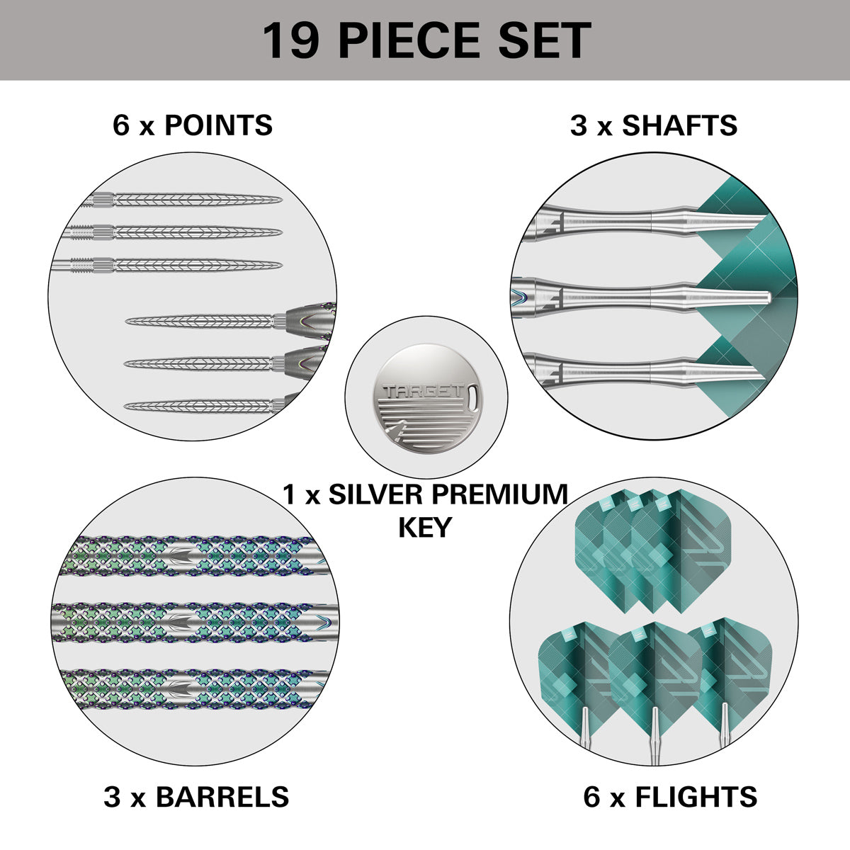 Rove 01 Steel Tip Darts contents image displaying everything included inside the box