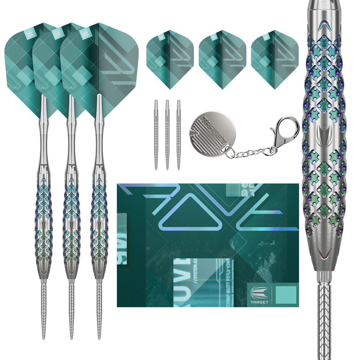 Rove 02 SP Steel Tip Darts main product image showing the darts, packaging, flights, shafts, and included accessories