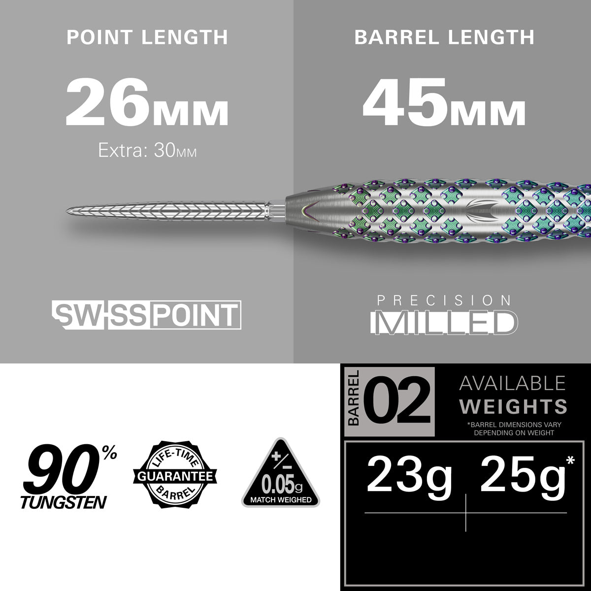 Rove 02 Steel Tip Darts specifications image showing barrel dimensions, weight, and technical details