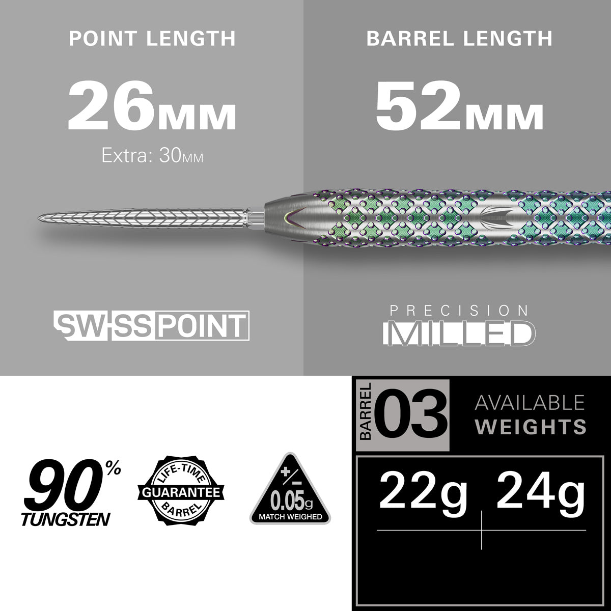 Rove 03 Steel Tip Darts specifications image showing barrel dimensions, weight, and technical details