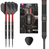 Scope 01 SP Steel Tip Darts main product image showing the darts, packaging, flights, shafts, and included accessories