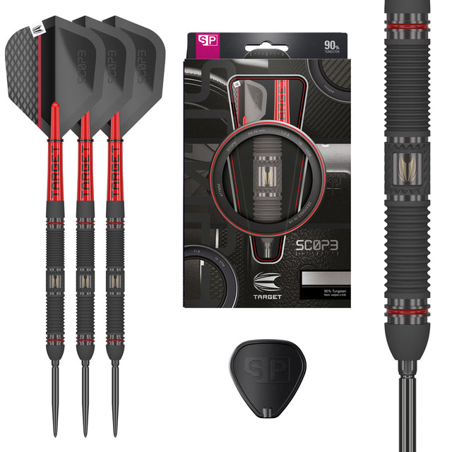 Scope 01 SP Steel Tip Darts main product image showing the darts, packaging, flights, shafts, and included accessories