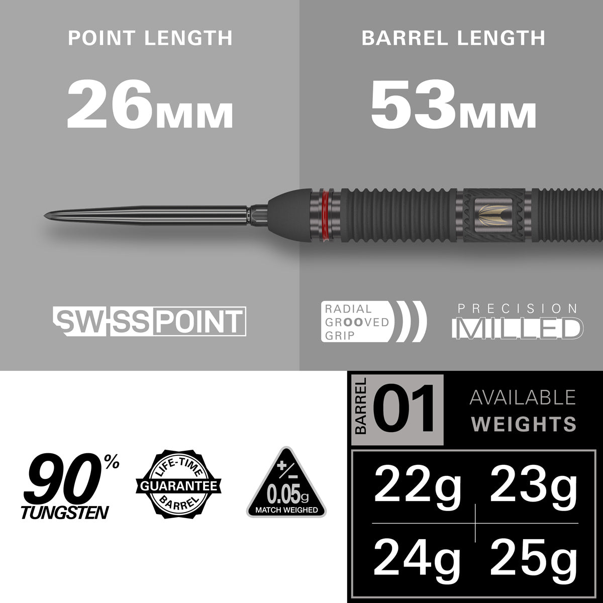 Scope 01 Steel Tip Darts specifications image showing barrel dimensions, weight, and technical details