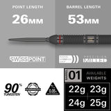 Scope 01 Steel Tip Darts specifications image showing barrel dimensions, weight, and technical details