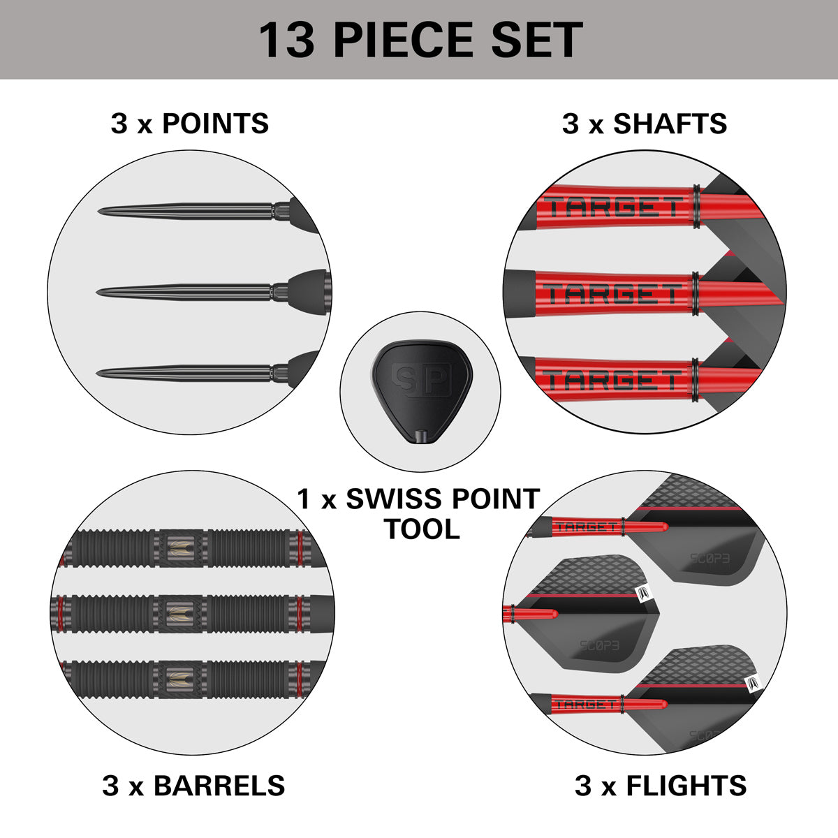 Scope 01 Steel Tip Darts contents image displaying everything included inside the box