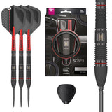 Scope 02 SP Steel Tip Darts main product image showing the darts, packaging, flights, shafts, and included accessories
