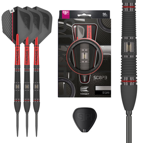 Scope 02 SP Steel Tip Darts main product image showing the darts, packaging, flights, shafts, and included accessories