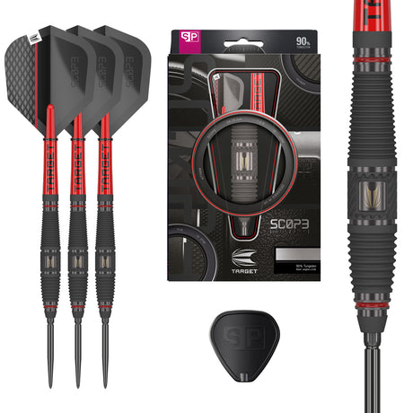 Scope 03 SP Steel Tip Darts main product image showing the darts, packaging, flights, shafts, and included accessories