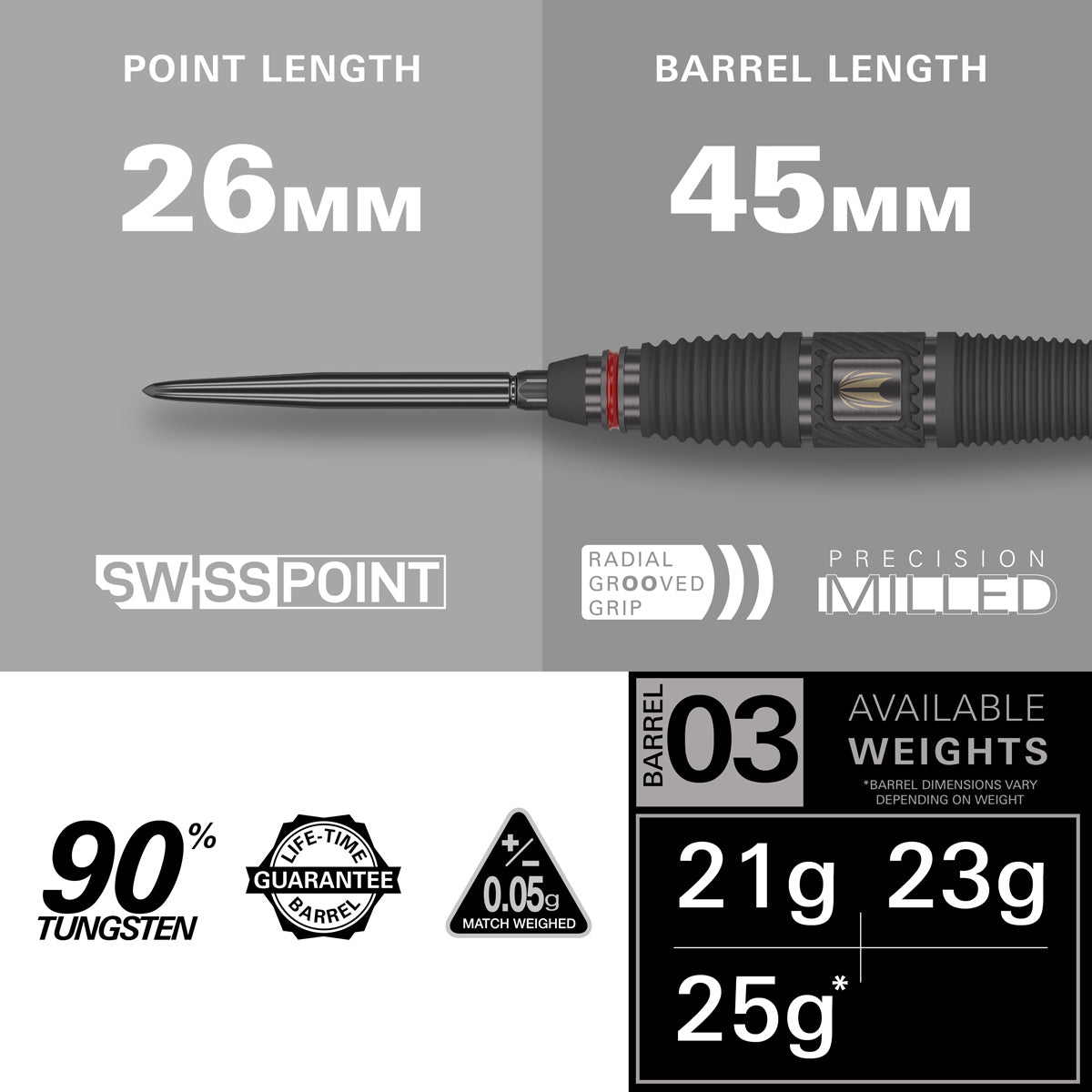 Scope 03 Steel Tip Darts specifications image showing barrel dimensions, weight, and technical details