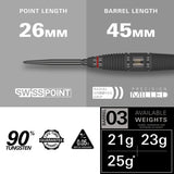 Scope 03 Steel Tip Darts specifications image showing barrel dimensions, weight, and technical details