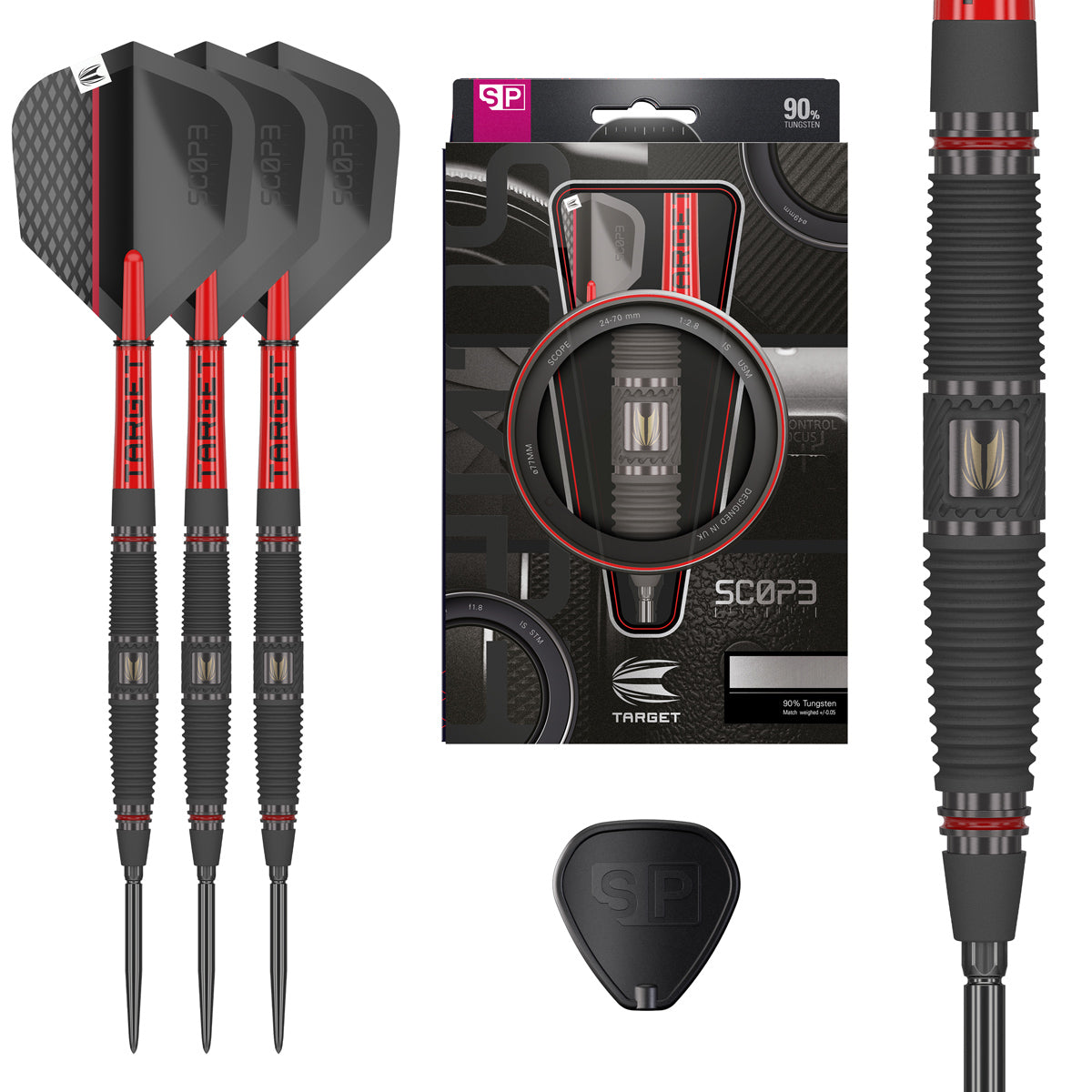 Scope 04 SP Steel Tip Darts main product image showing the darts, packaging, flights, shafts, and included accessories