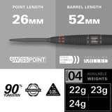 Scope 04 Steel Tip Darts specifications image showing barrel dimensions, weight, and technical details