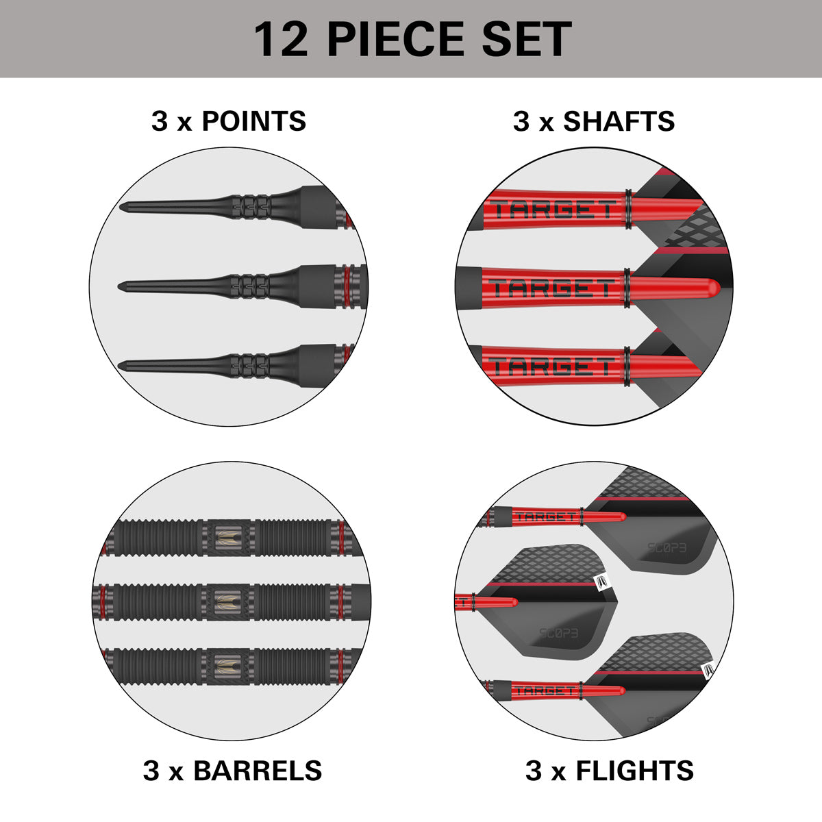Scope 10 Soft Tip Darts contents image displaying everything included inside the box