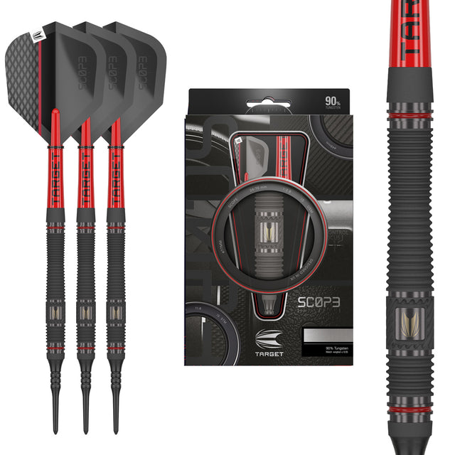 Scope 11 Soft Tip Darts main product image showing the darts, packaging, flights, shafts, and included accessories