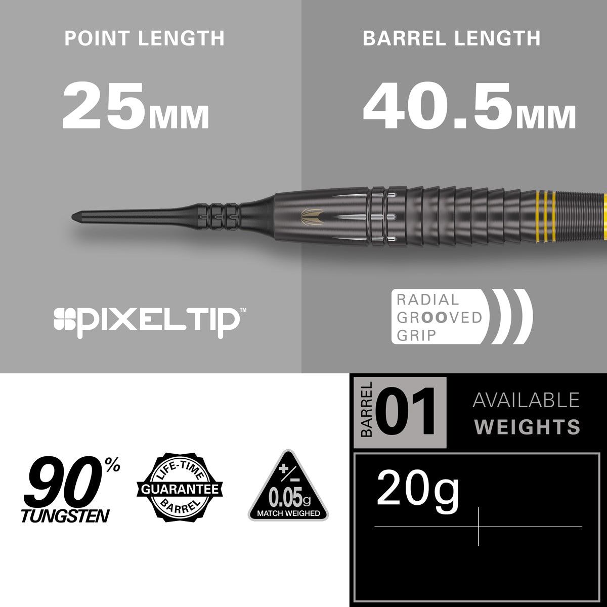 Scott Williams Black Soft Tip Darts specifications image showing barrel dimensions, weight, and technical details