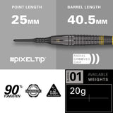 Scott Williams Black Soft Tip Darts specifications image showing barrel dimensions, weight, and technical details