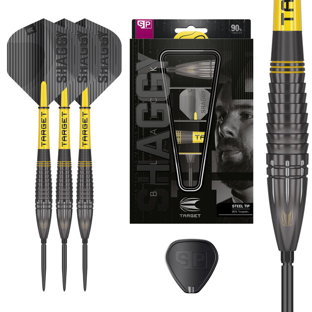 Scott Williams Black SP Steel Tip Darts main product image showing the darts, packaging, flights, shafts, and included accessories