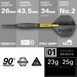 Scott Williams Black Steel Tip Darts specifications image showing barrel dimensions, weight, and technical details