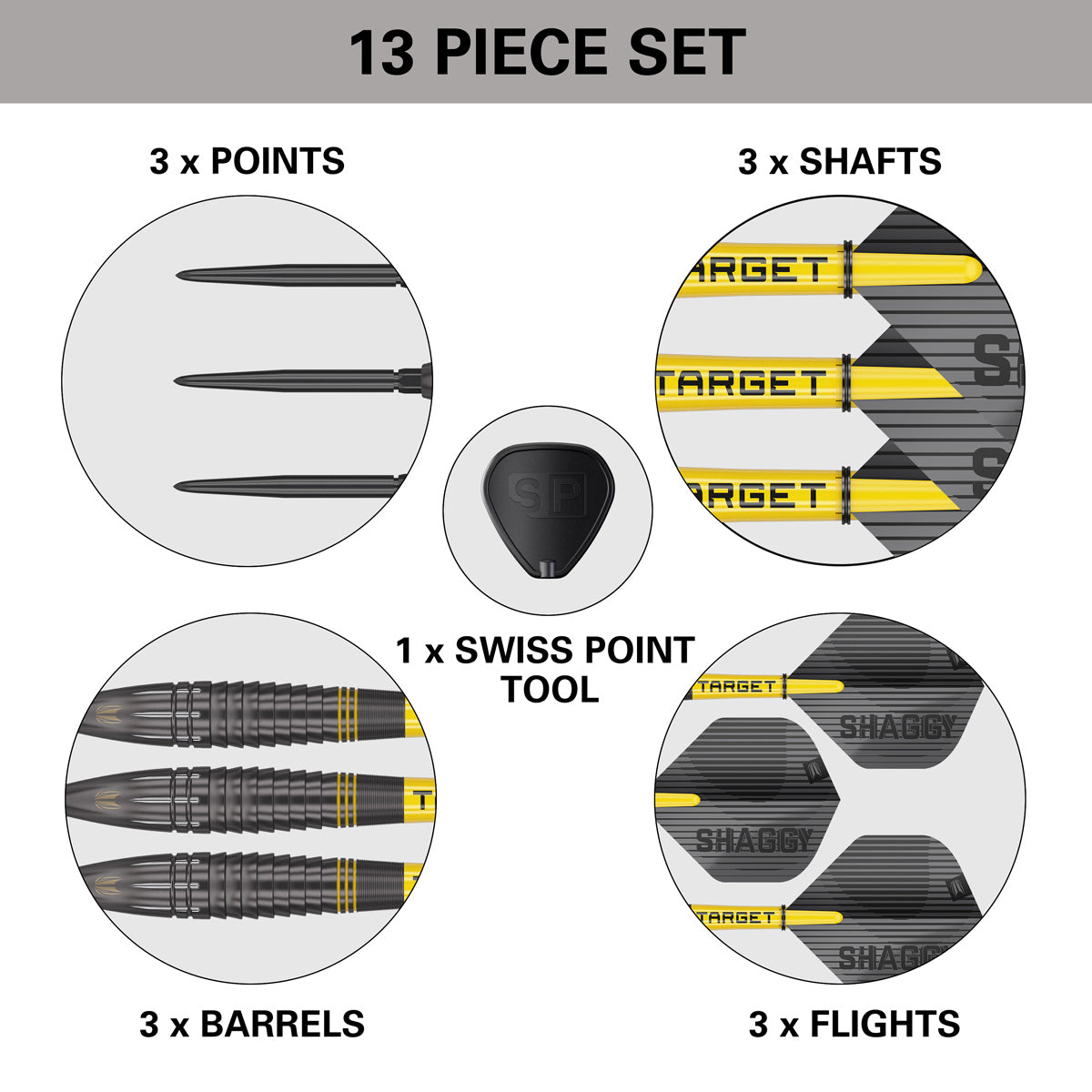 Scott Williams Black Steel Tip Darts contents image displaying everything included inside the box
