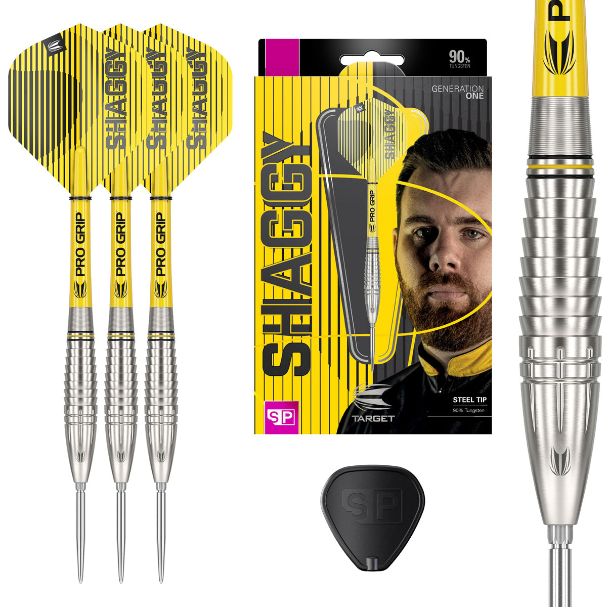 Scott Williams G1 Steel Tip Darts main product image showing the darts, presentation box, flights, shafts, and supplied accessories